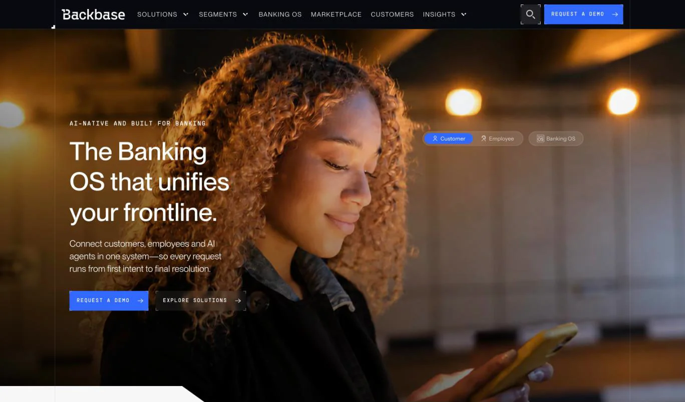 The Backbase homepage, built on Webflow. Screenshot captured 14 October 2026