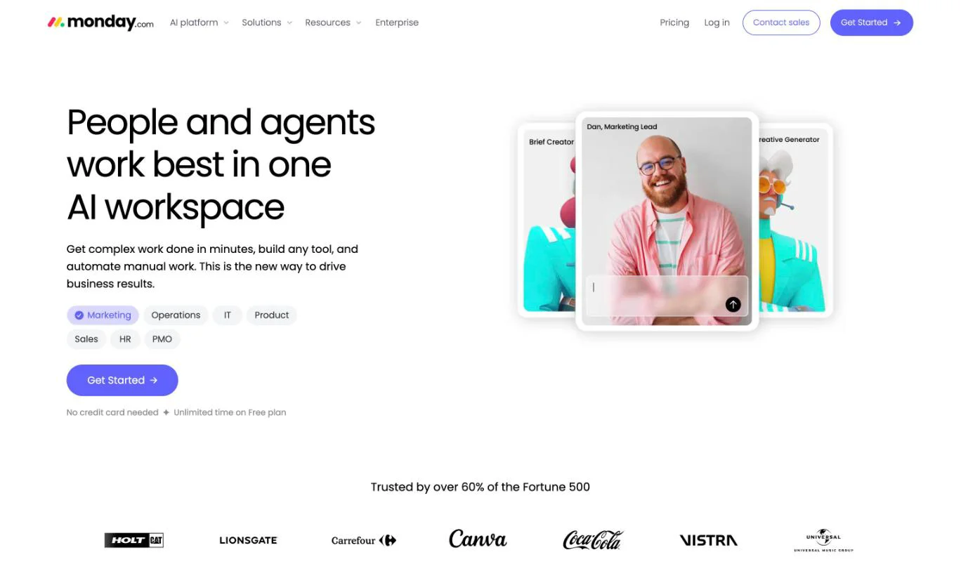 The monday.com homepage, built on Webflow. Screenshot captured 14 October 2026