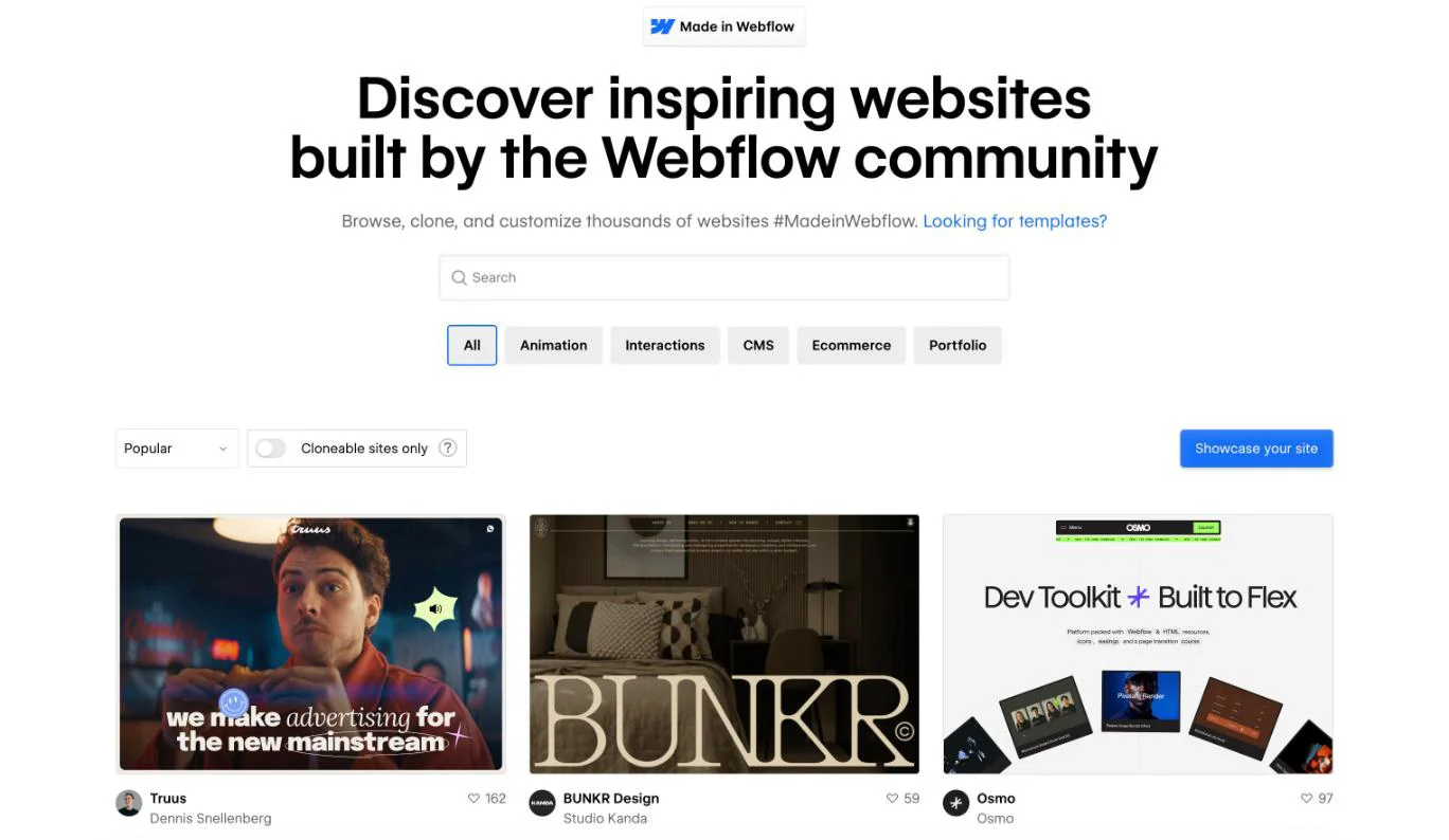 Webflow's official Made in Webflow showcase of sites built on the platform. Screenshot captured 14 October 2026