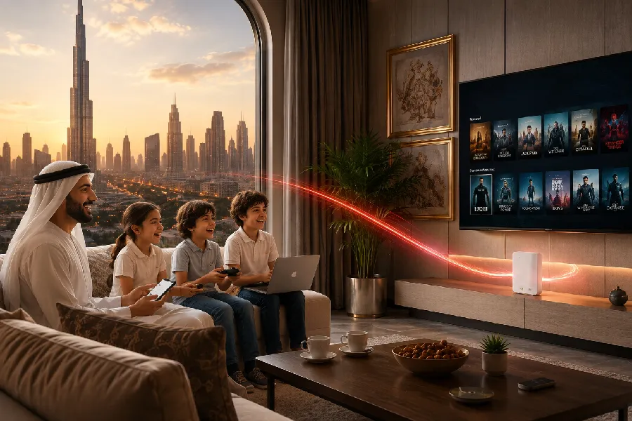 An emirati man with family doing streaming, gaming, using ultra fast etisalat fiber internet