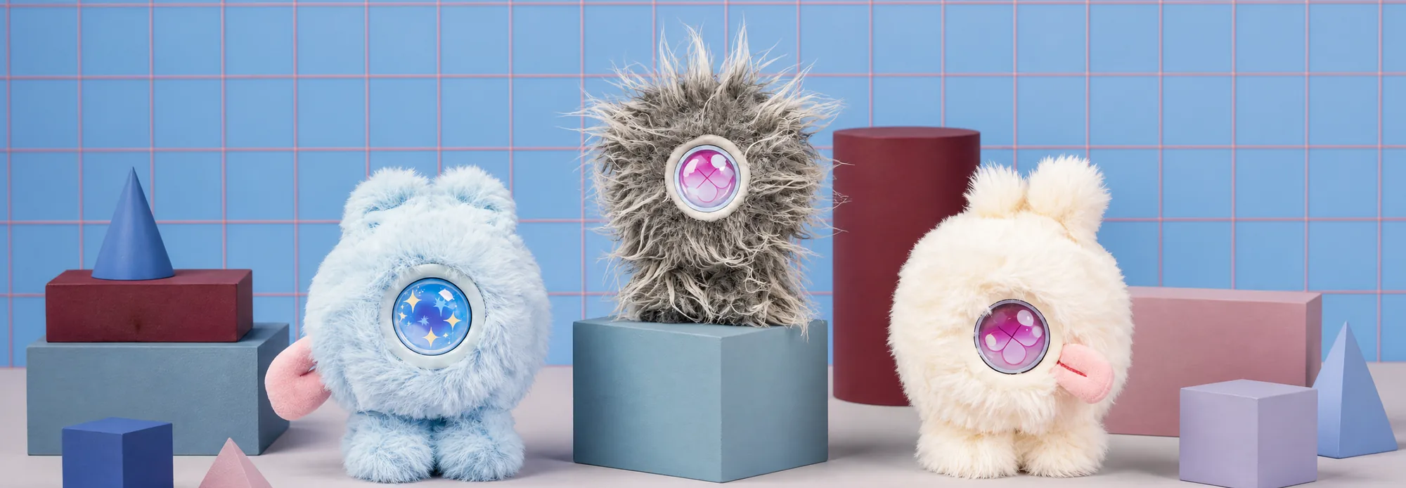 Mumuland companions in a playful blue tiled room