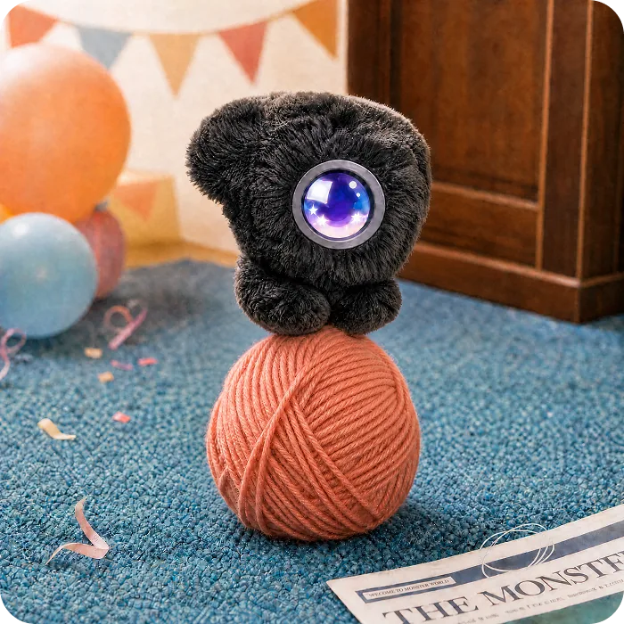 A dark Mumuland companion perched on a ball of yarn