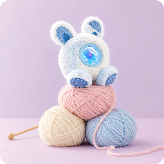 Moki, the blue Mumuland companion, with yarn