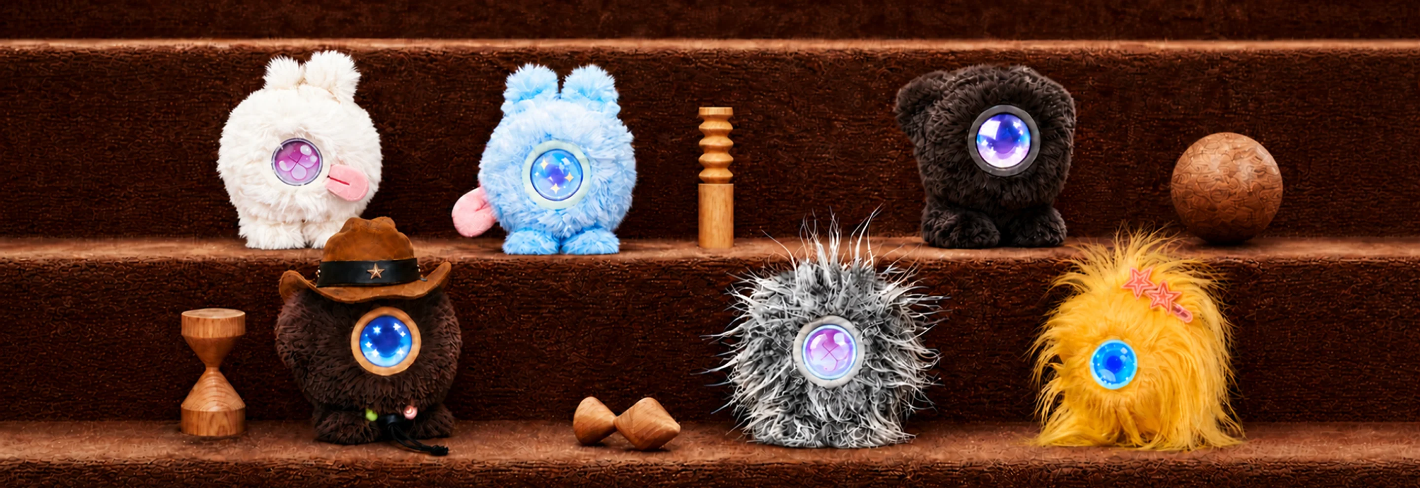 A family of fluffy Mumuland companions sitting on brown carpeted stairs
