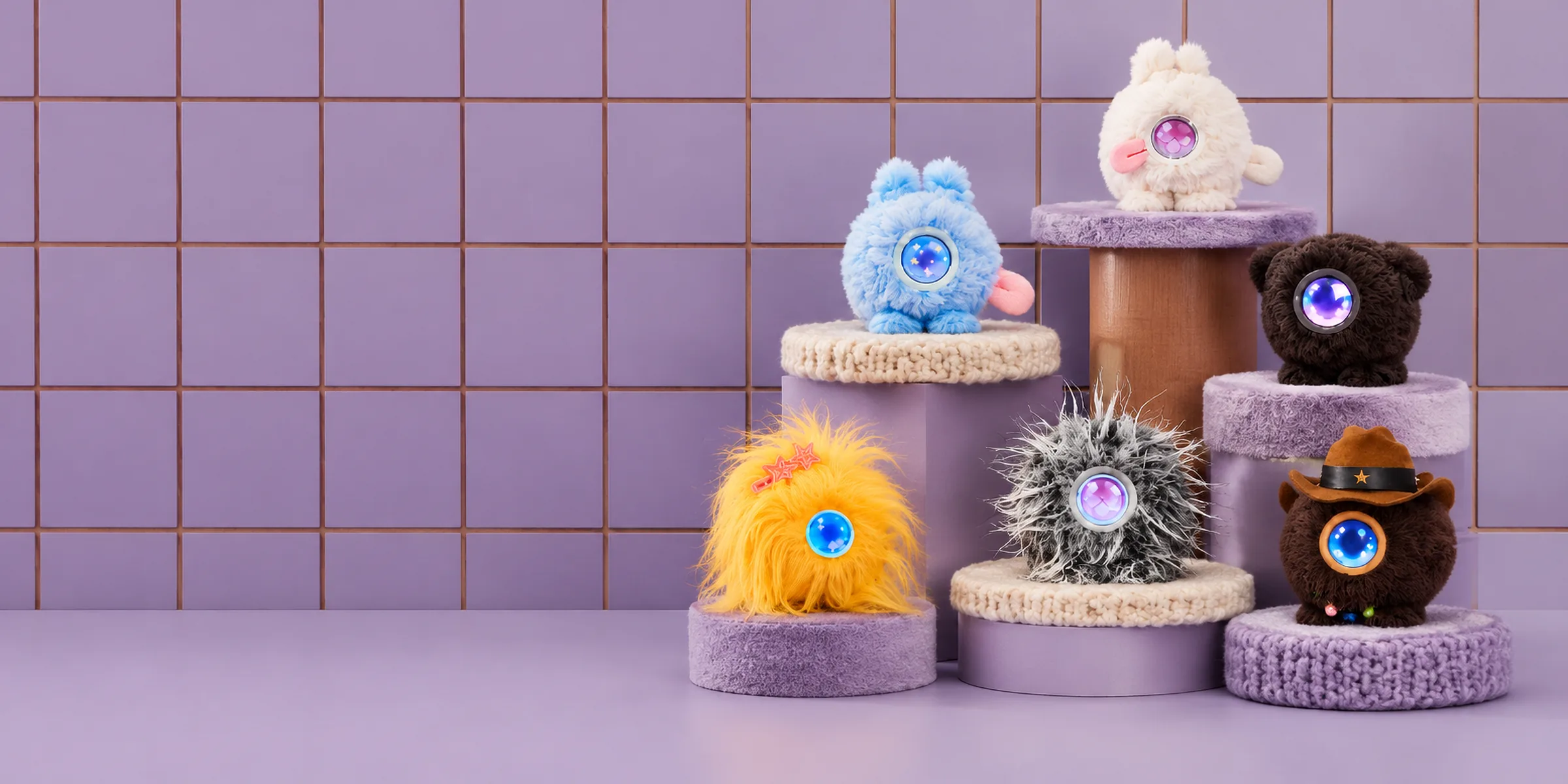 A group of Mumuland companions displayed on lavender pedestals