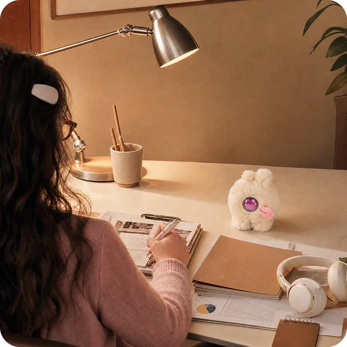 A Mumuland companion on a desk beside a book