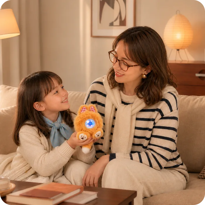A mother and daughter sharing a moment with a Mumuland companion