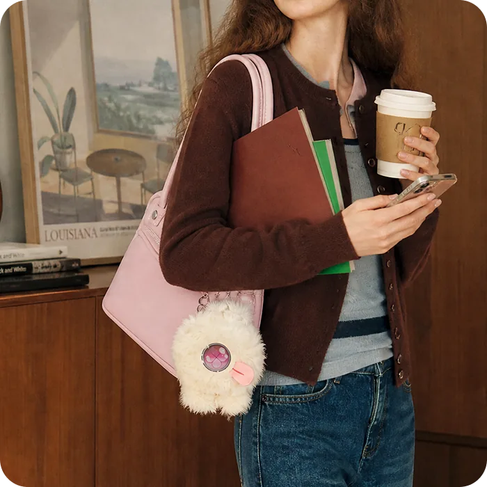 A Mumuland companion peeking out of a campus tote