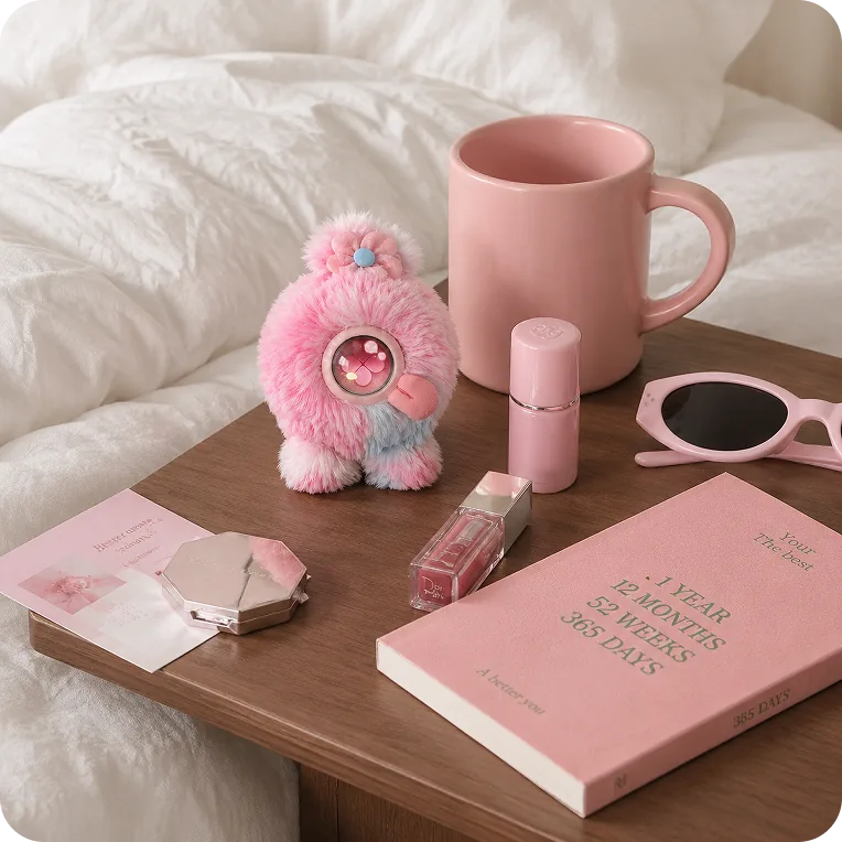 A Mumuland companion beside a pink mug and a book