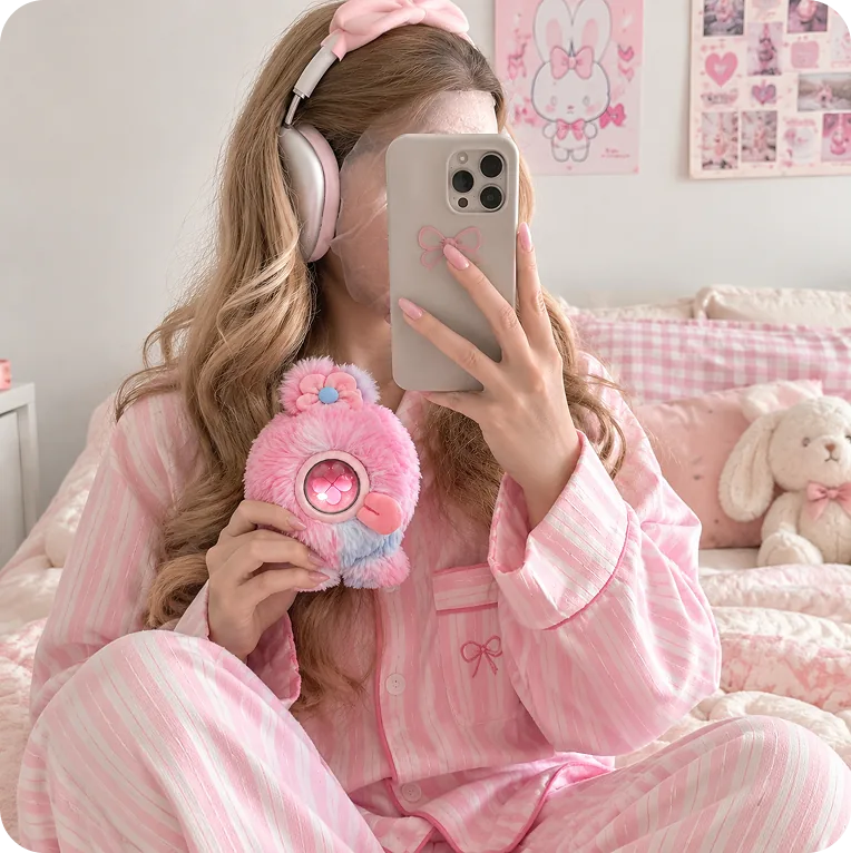 A girl in pink pajamas taking a mirror selfie with her Mumuland companion