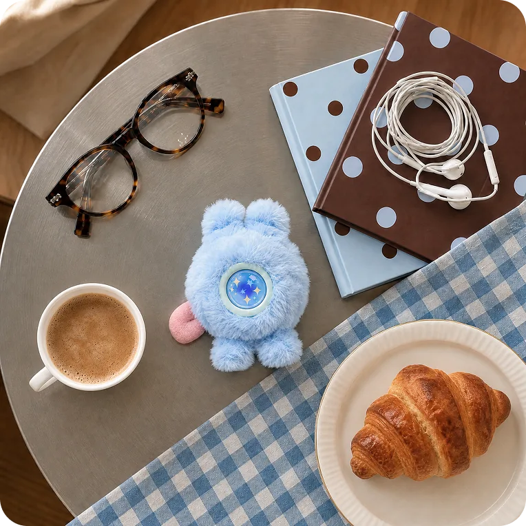 A blue Mumuland companion beside coffee and a croissant