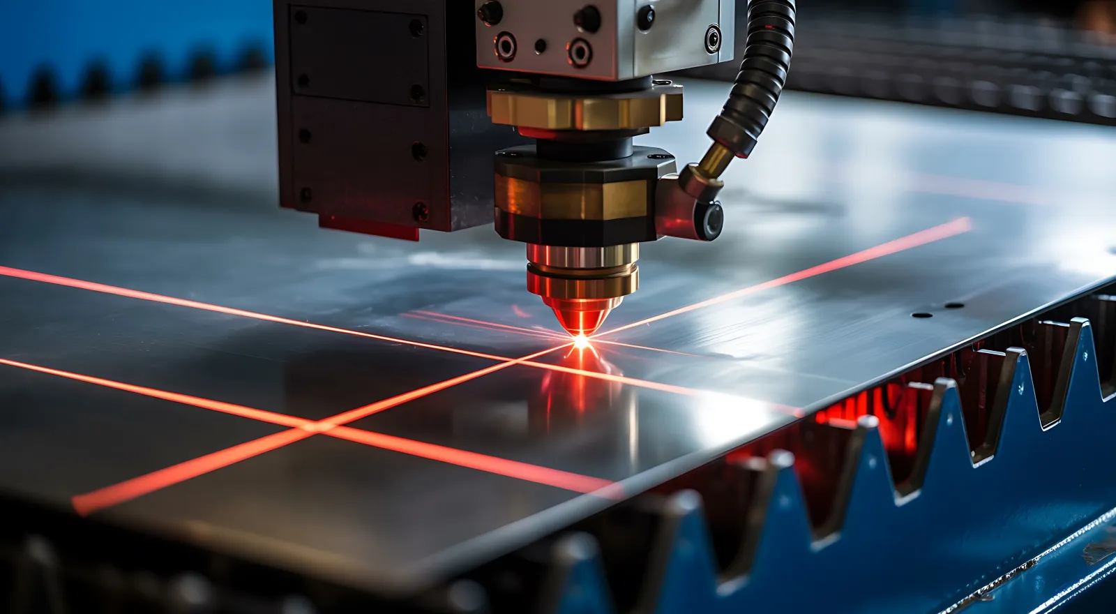 Laserleikkauskone ja punaiset kohdistuslinjat metallilevyllä