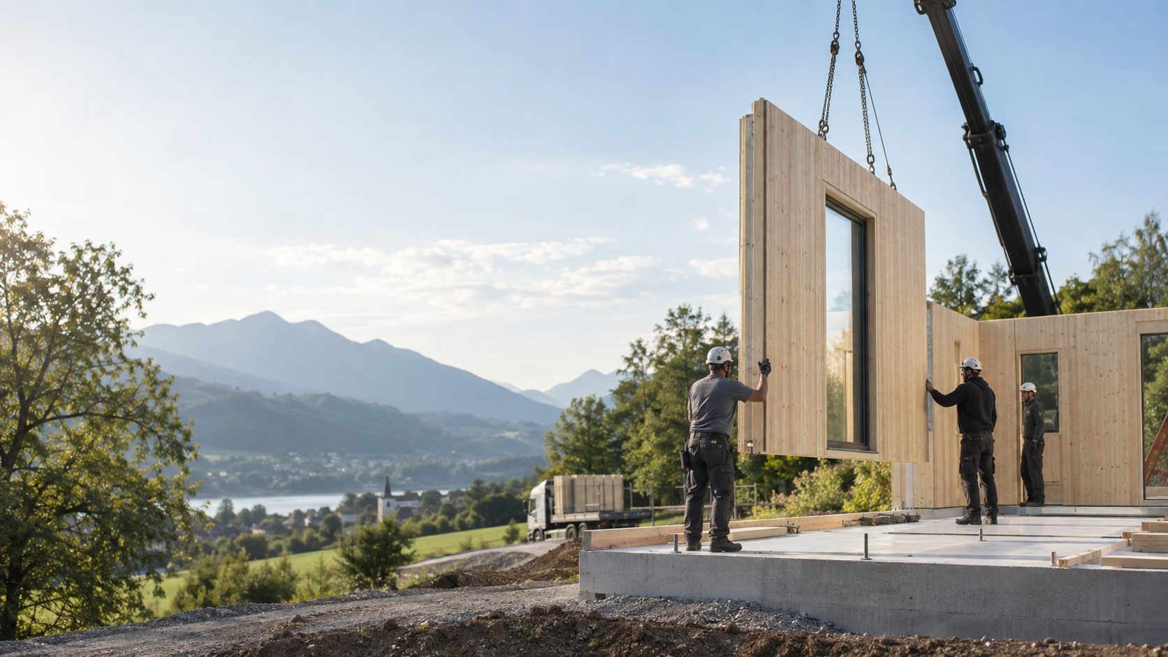 Montage eines Holzbauelements für den Rohbau