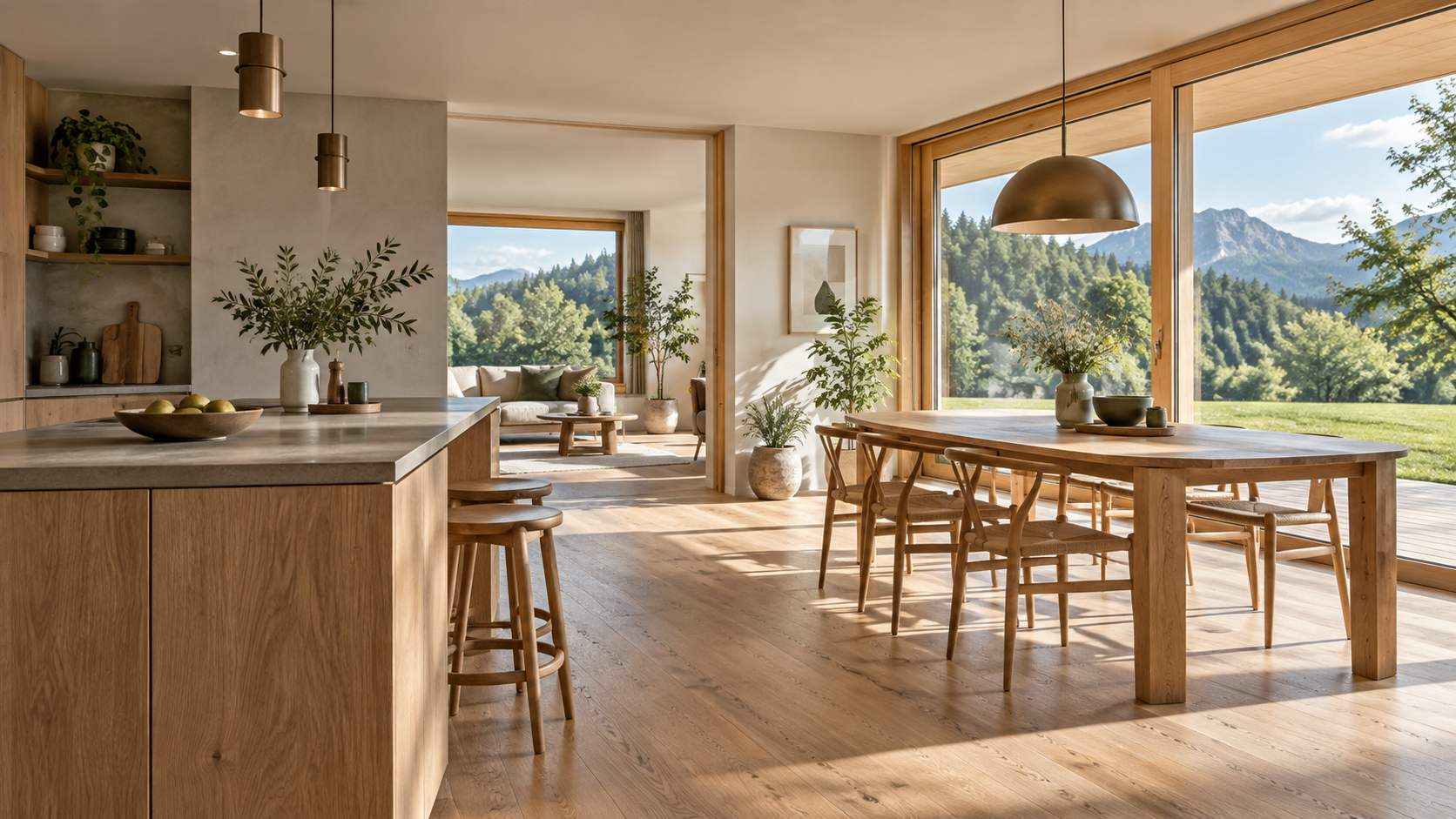 Fertiggestellter Wohnraum eines schlüsselfertigen Holzhauses