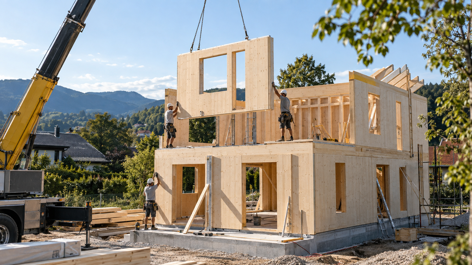 Montage einer Holzkonstruktion auf der Baustelle