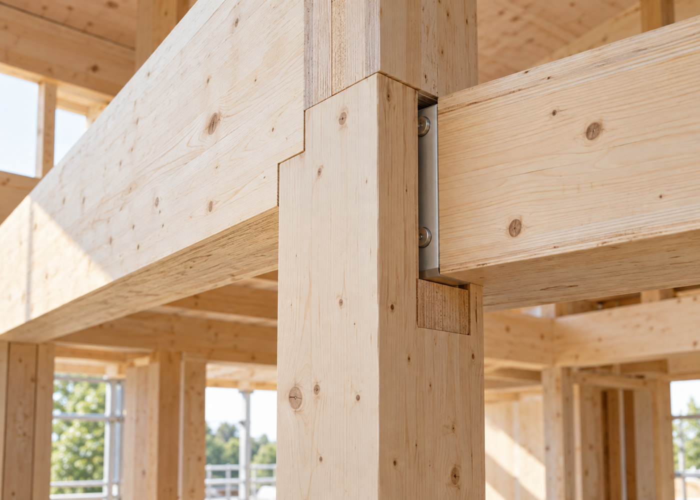 Tragwerk und Anschlussdetail einer Holzkonstruktion