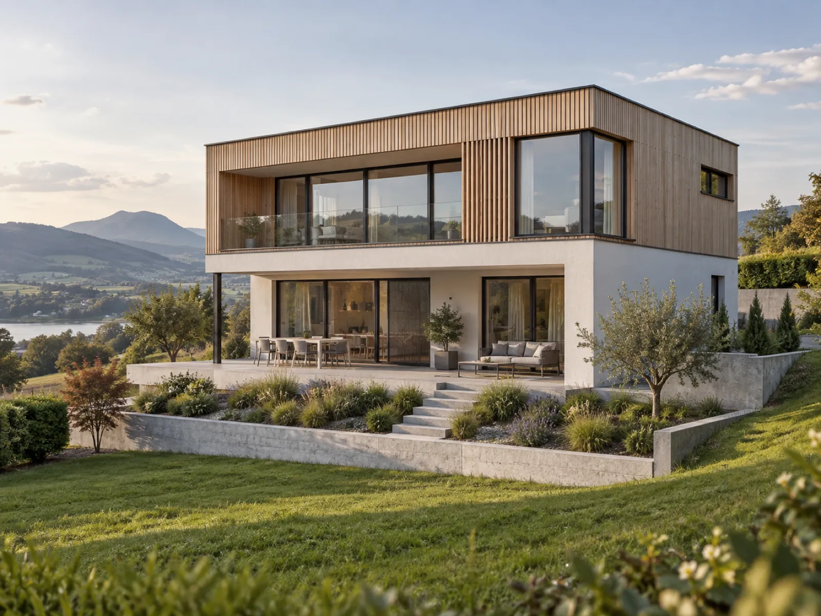 Modernes Holzhaus mit Flachdach am Hang in Niederösterreich