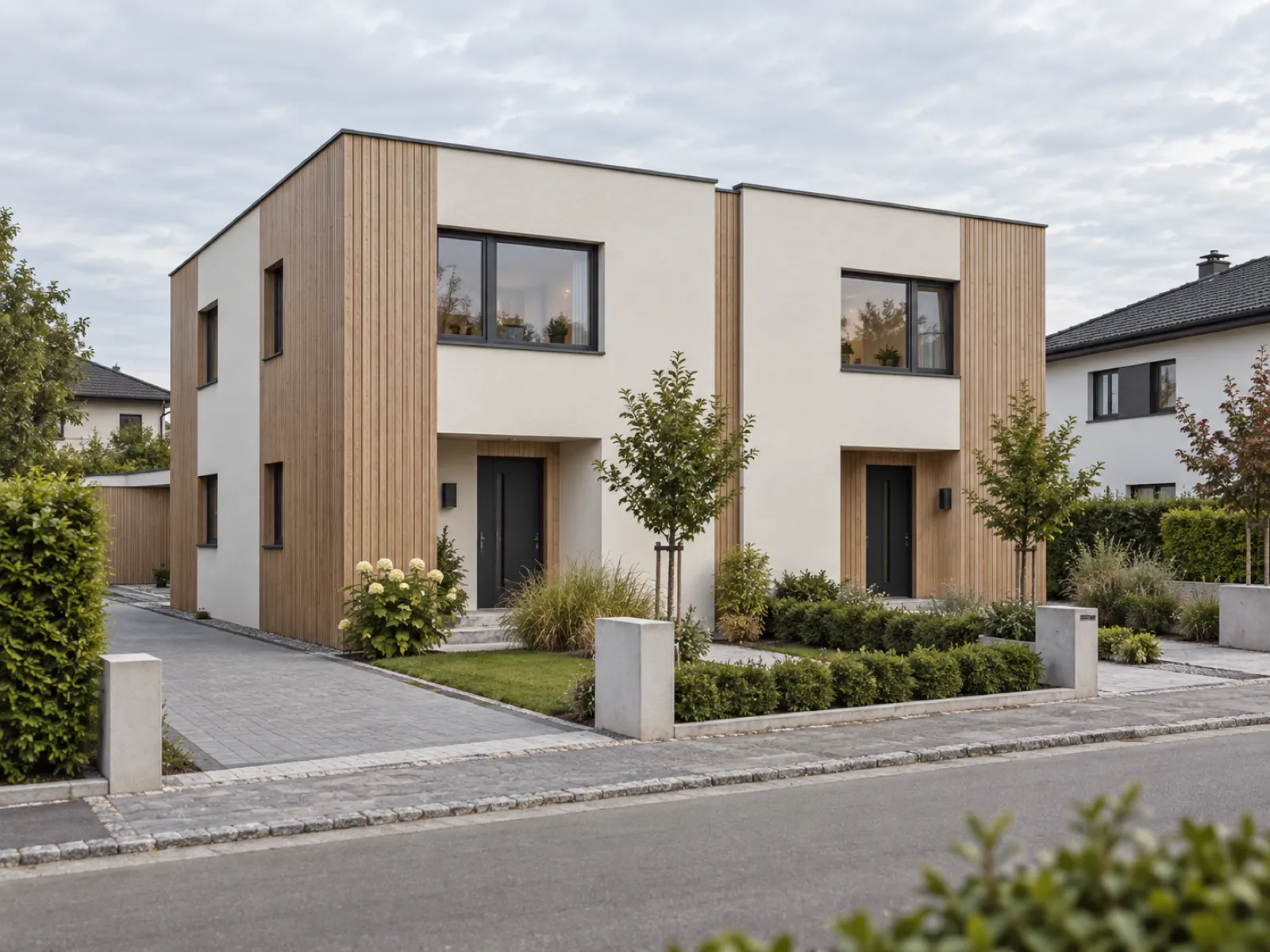 Modernes Doppelhaus in Holzbauweise mit Flachdach, Holzfassade und Putz