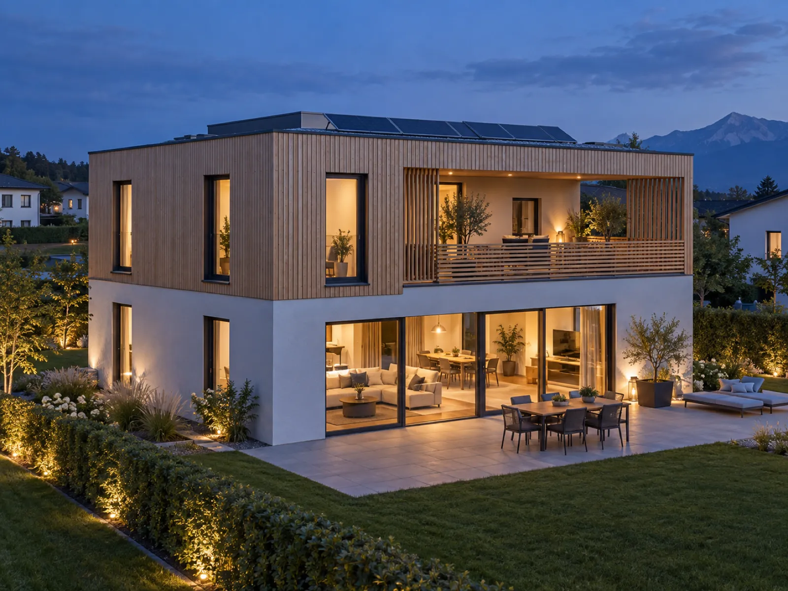Modernes Holzhaus mit Flachdach, Dachterrasse und Photovoltaik am Abend