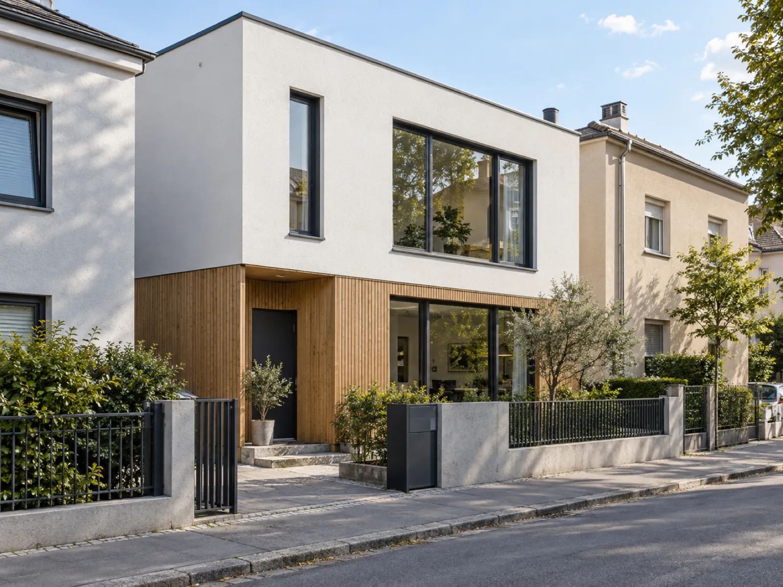 Modernes Holzhaus mit Flachdach zwischen bestehenden Gebäuden im Raum Wien