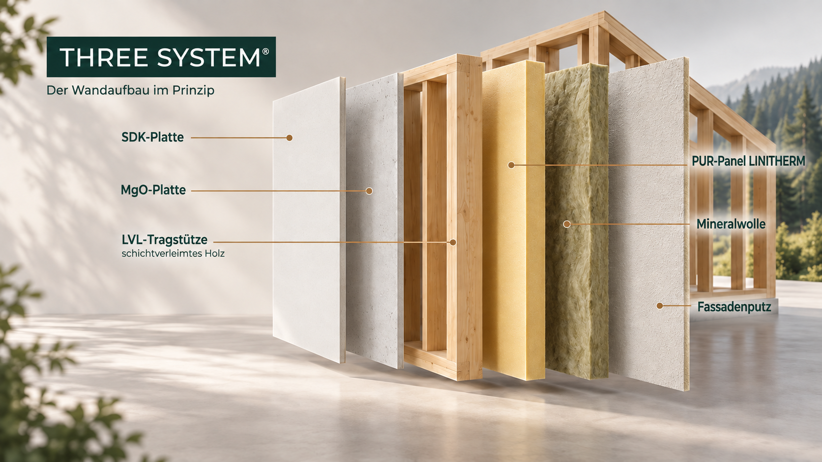 THREE SYSTEM Wandaufbau: SDK-Platte, MgO-Platte, LVL-Tragstütze, PUR-Panel, Mineralwolle, Fassadenputz