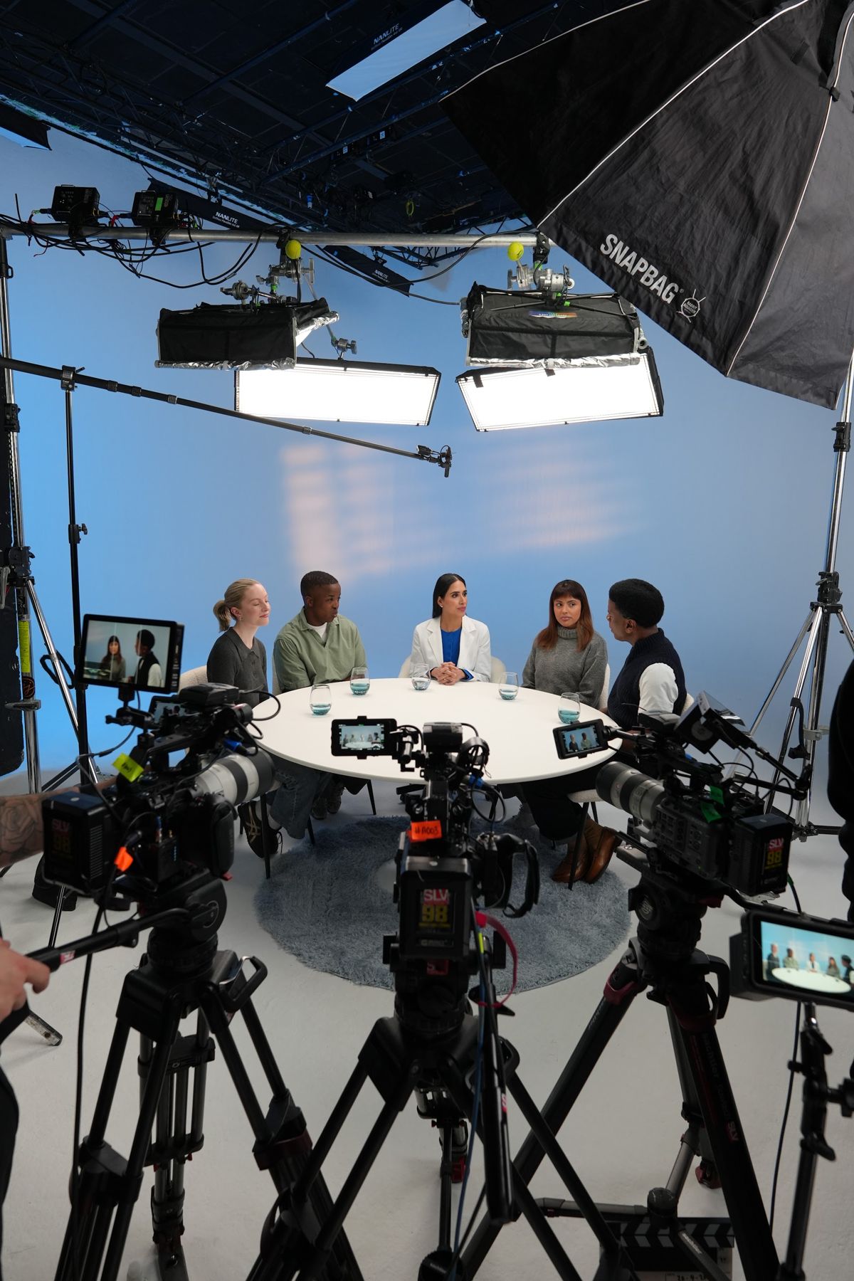 The round-table set surrounded by cameras and lighting