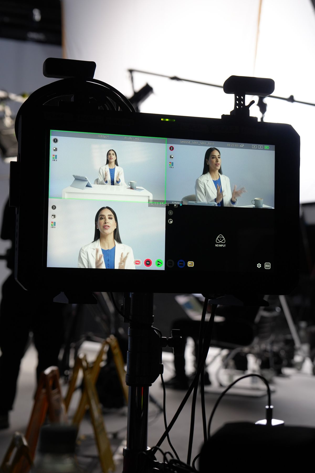 Monitor showing a multi-camera feed of Dr Raj