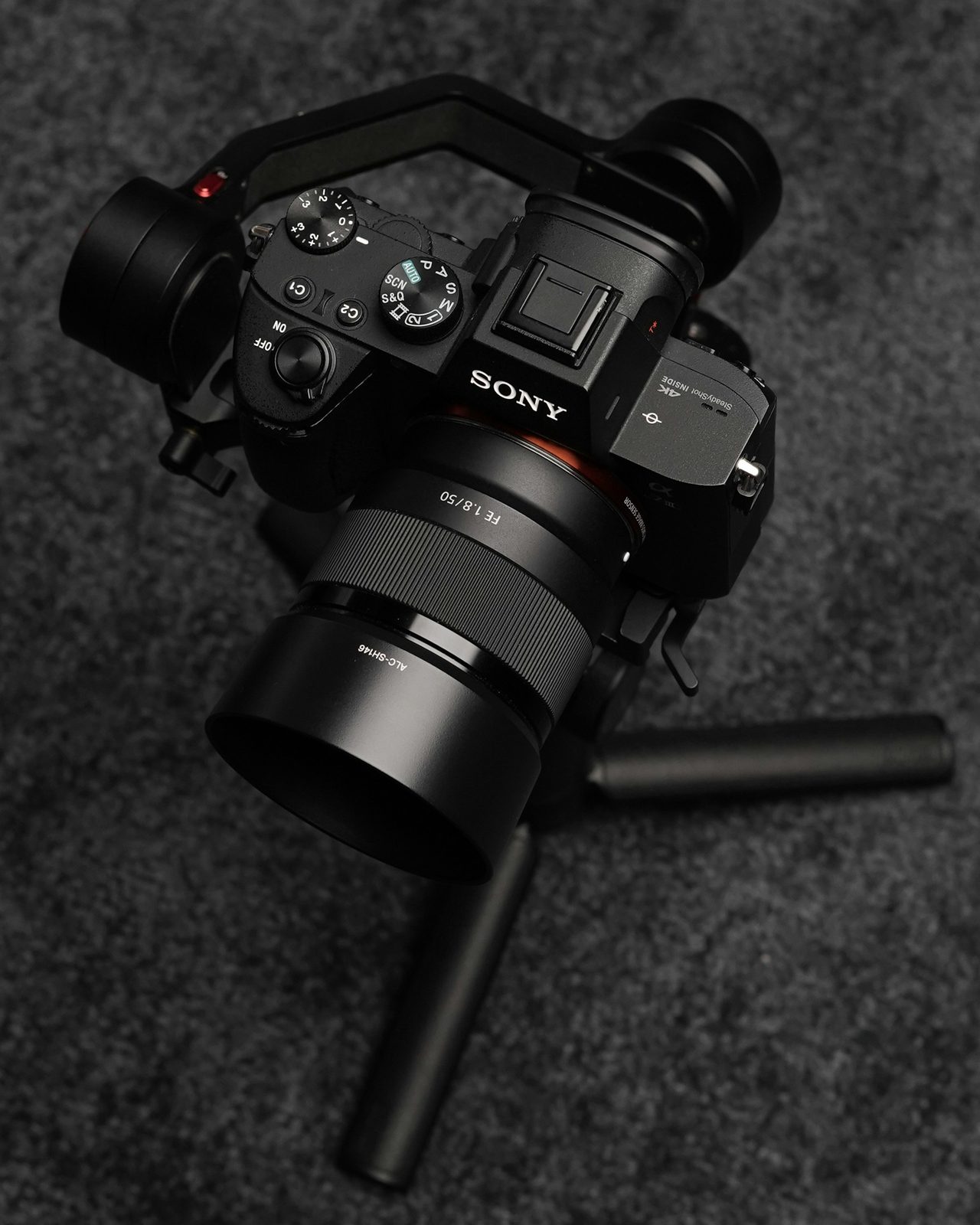 A Sony Alpha camera mounted on a gimbal