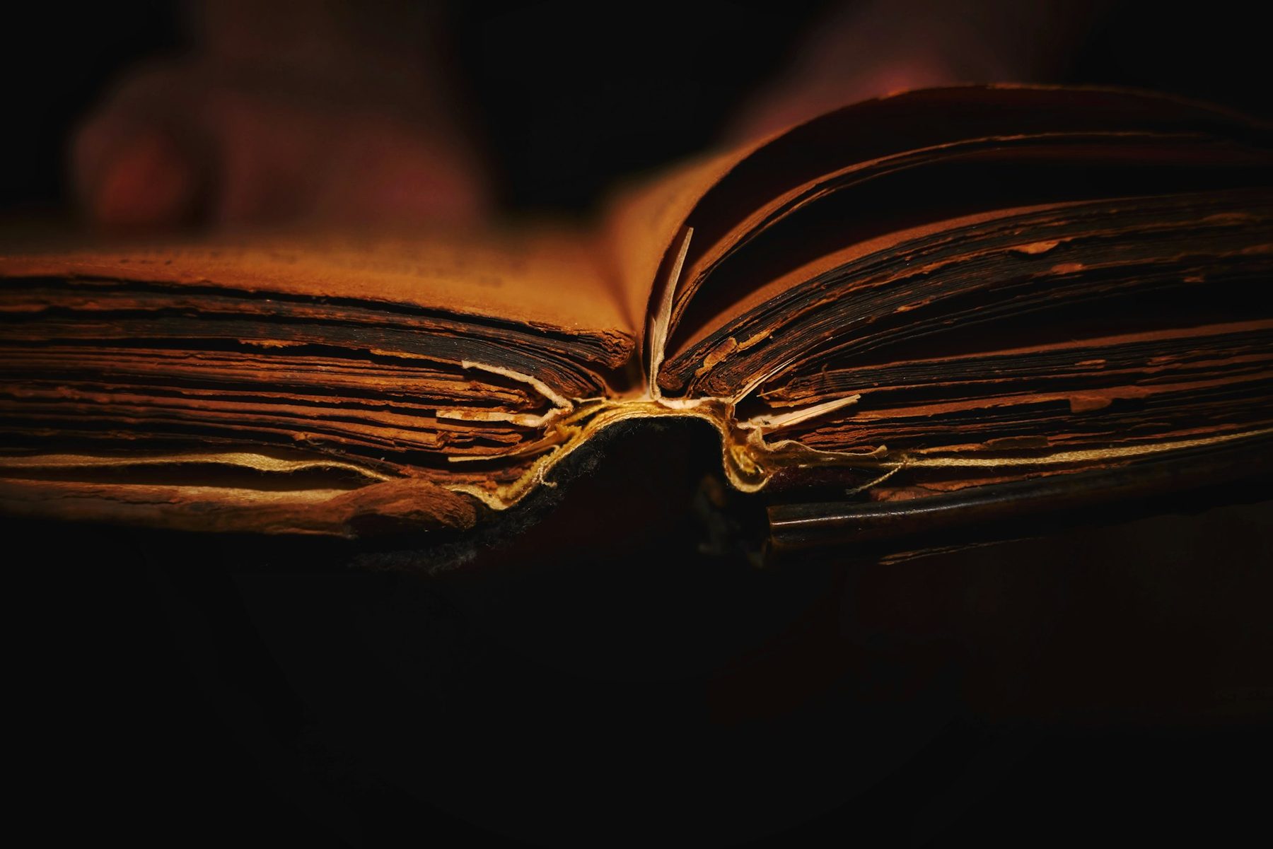 Open antique book with worn pages in warm low light