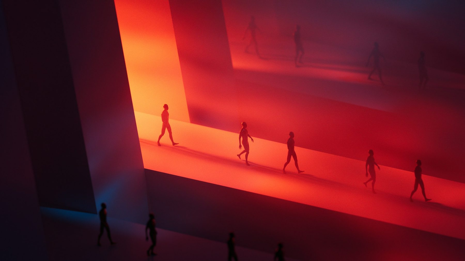 Silhouetted figures walking along a glowing red path through dark space