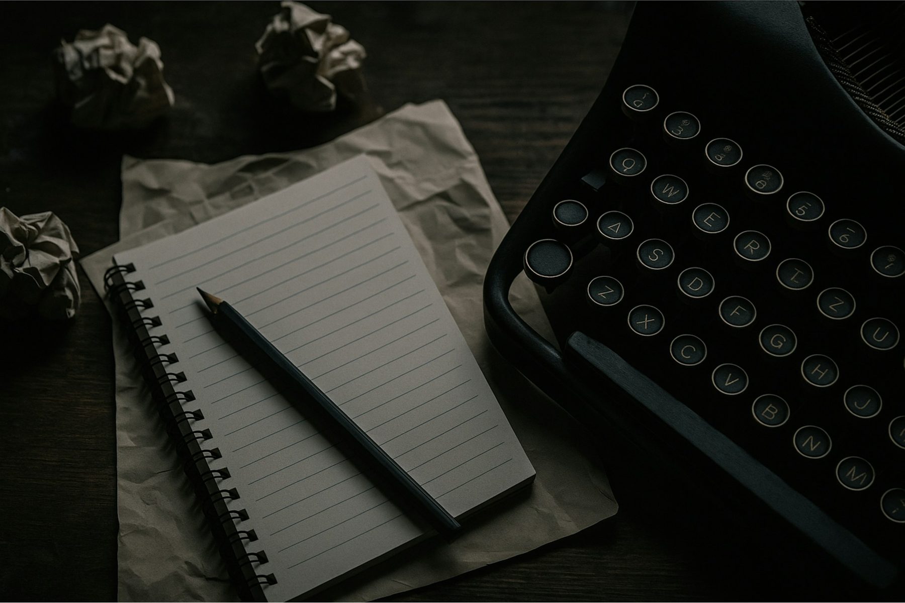 Blank spiral notepad and pencil beside a typewriter on a dark desk