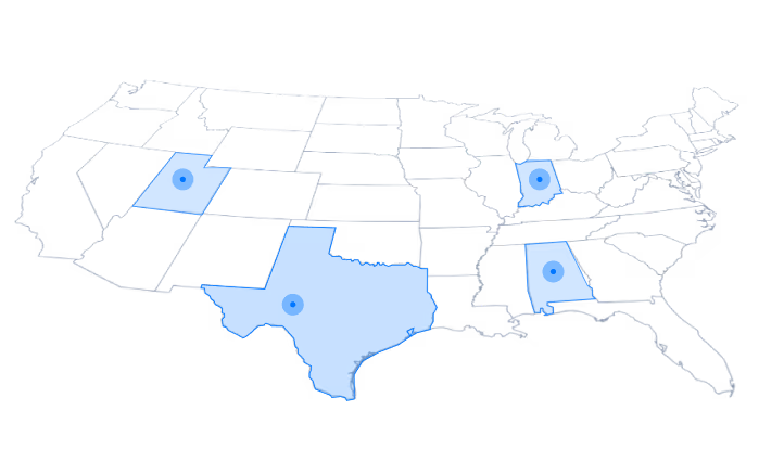 Map of the United States with Affiniti customers highlighted in Utah, Texas, Indiana and Alabama