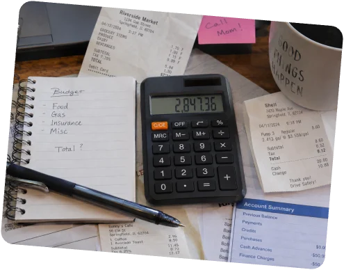 Calculator and paper bills beside a laptop