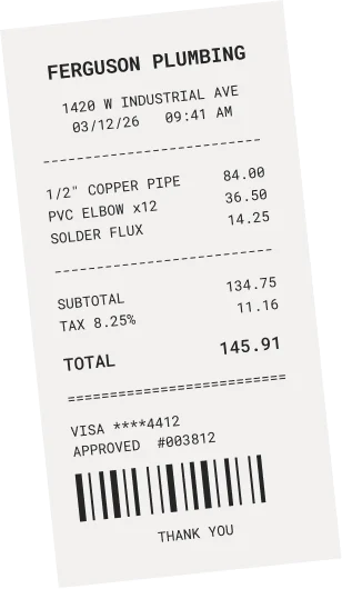 Long paper receipt from a plumbing supplier