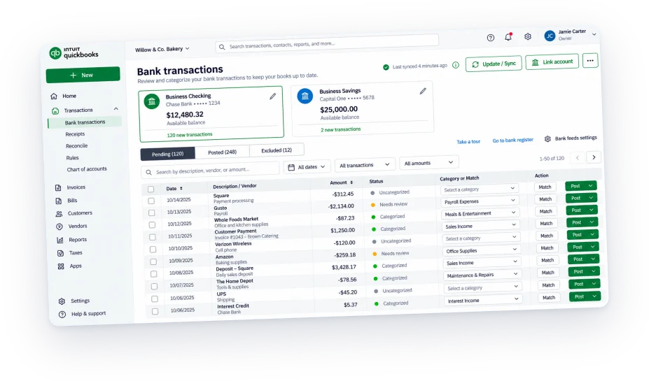 Bank transactions screen in accounting software