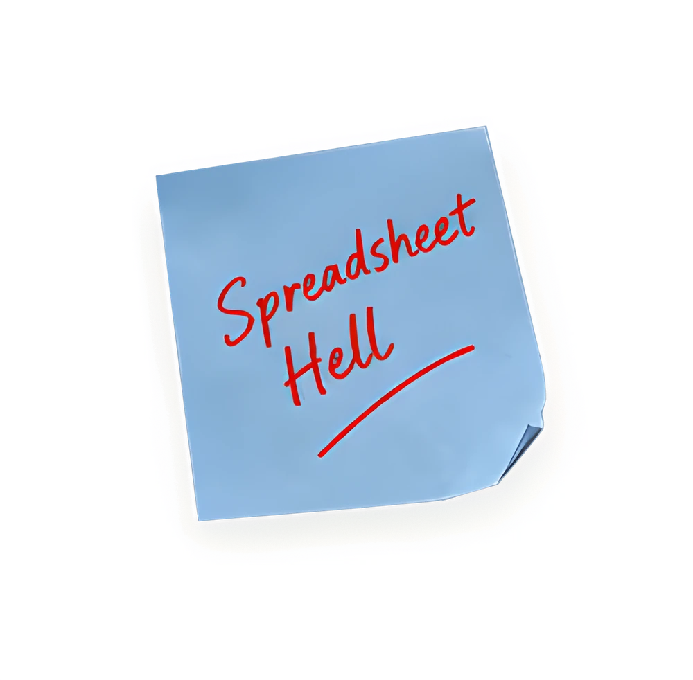 Sticky note reading Spreadsheet Hell