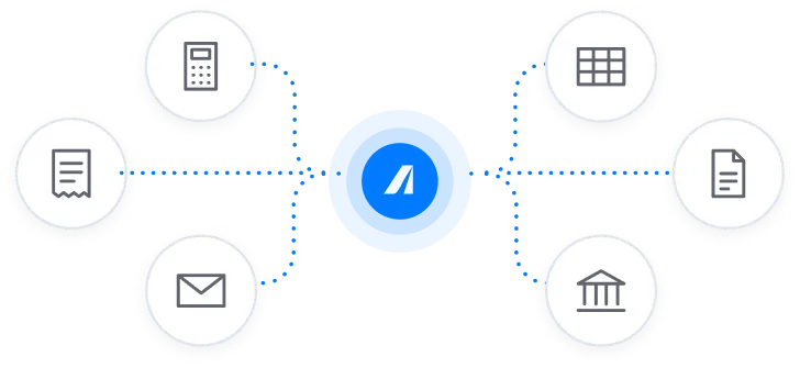 Receipts, mail, a calculator, spreadsheets, bank statements and invoices, all linked to Affiniti