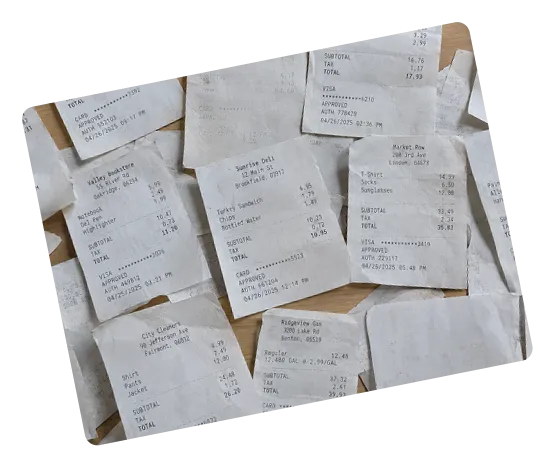 Paper receipts pinned across a board