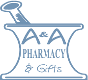 Vintage A&A Pharmacy logo with mortar and pestle in blue and white
