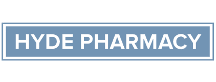 Blue and white Hyde Pharmacy sign with simple rectangular border