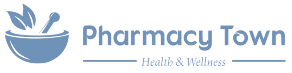 Pharmacy Town logo with mortar and pestle, blue health and wellness branding