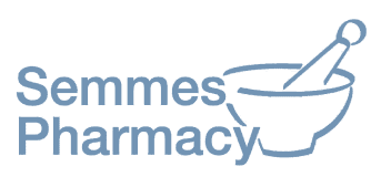 Semmes Pharmacy logo with mortar and pestle in blue tones