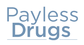 Payless Drugs store logo with the word 'Payless' in light font above 'Drugs' in bold, underlined font.