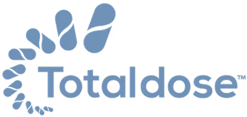 Totaldose logo with blue droplet-like shapes in circular arrangement