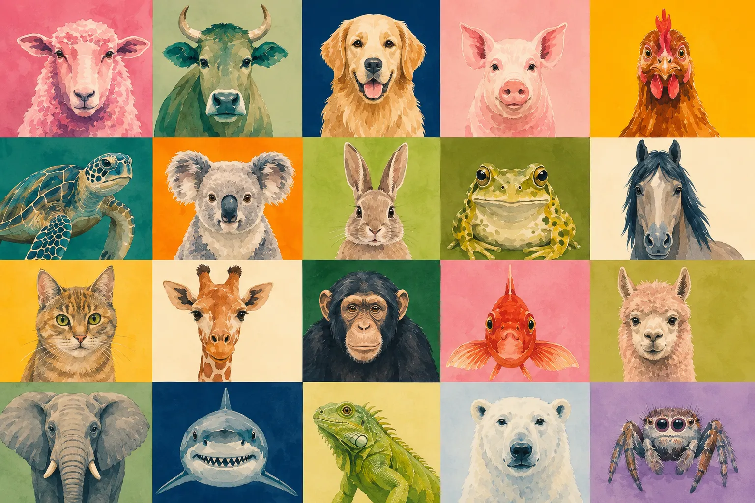 Illustration verschiedener Tierarten als Ausdruck unserer veganen Haltung.