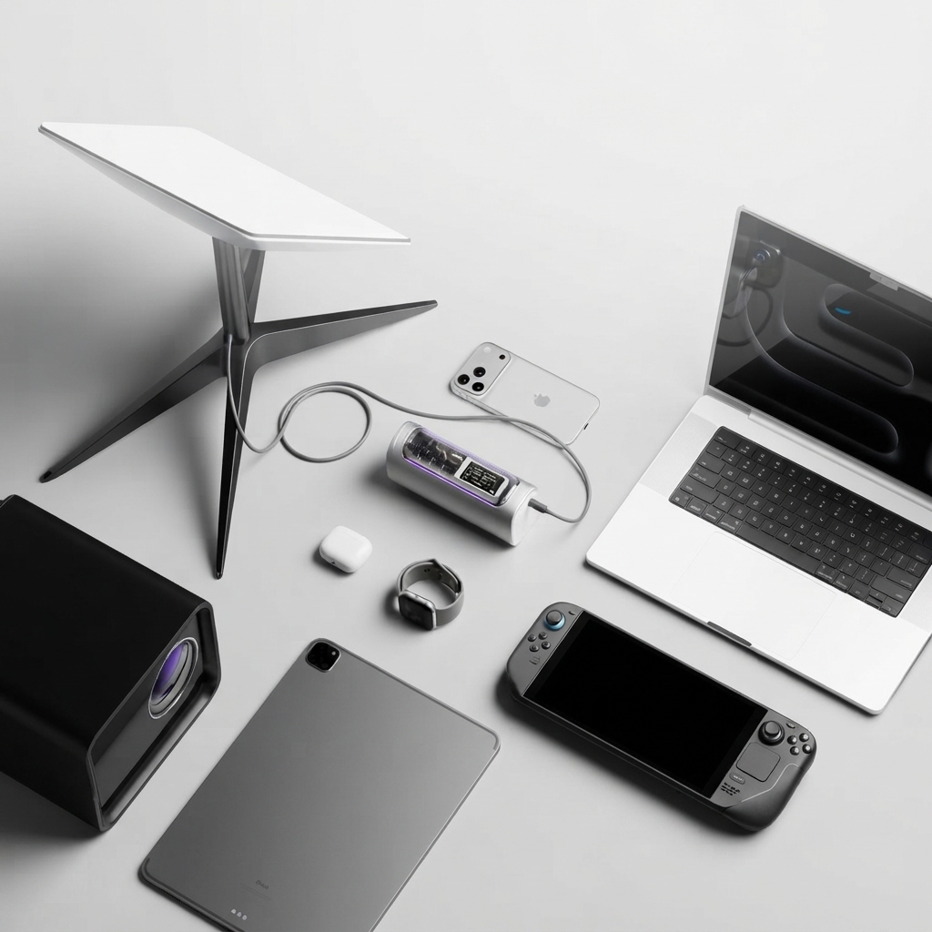 A guest desk with a power bank charging a phone, laptop, and tablet