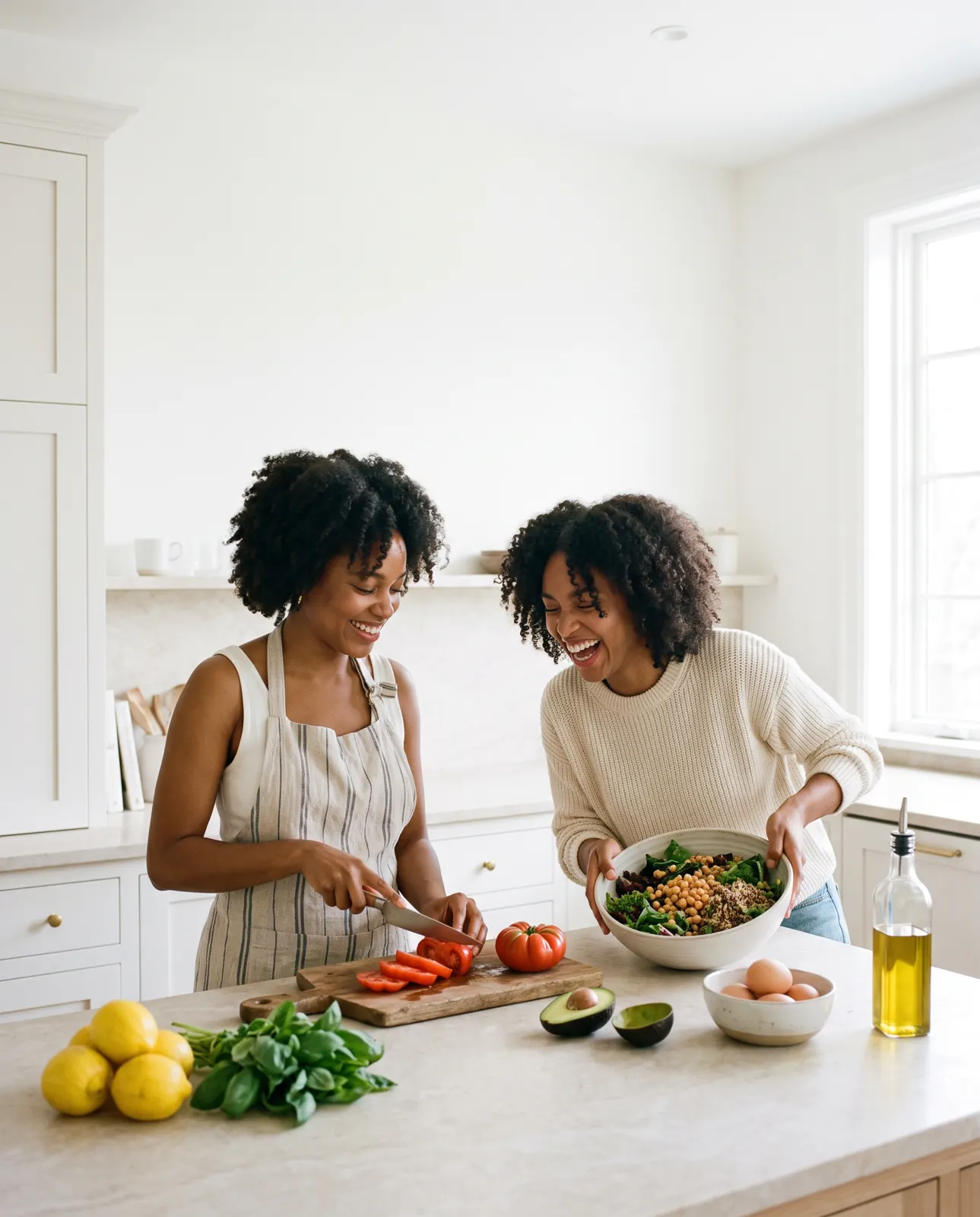 Two friends laugh while cooking a colourful salad together in a bright kitchen.