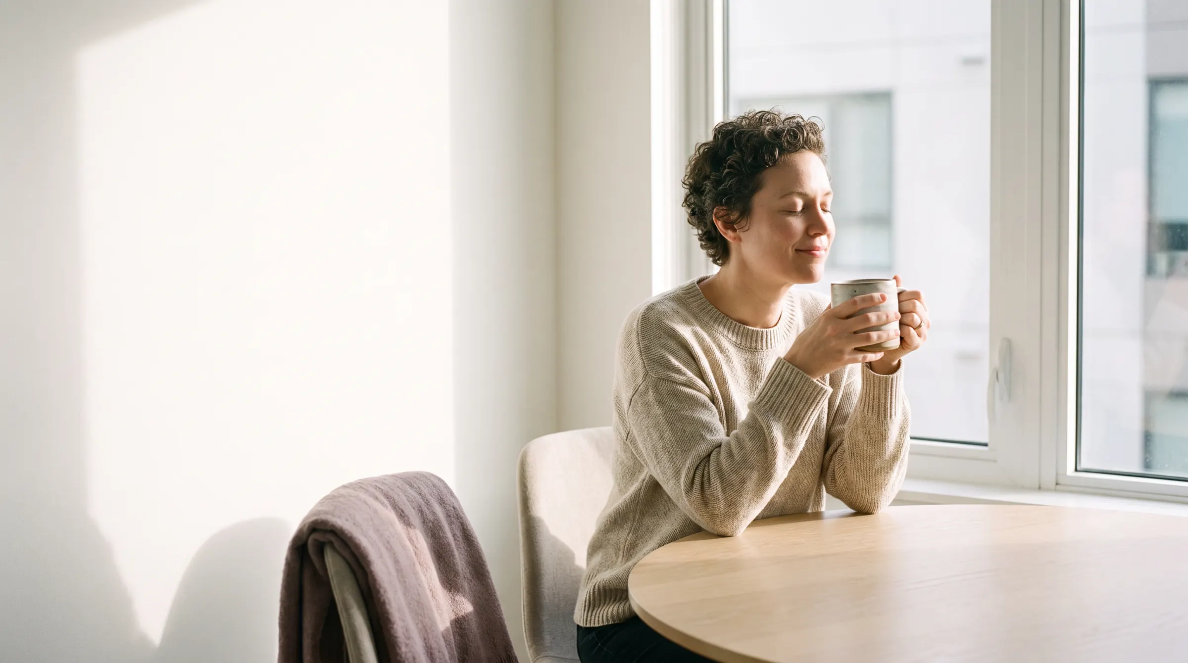 A person sits by a sunny window, eyes closed, holding a warm mug of tea.