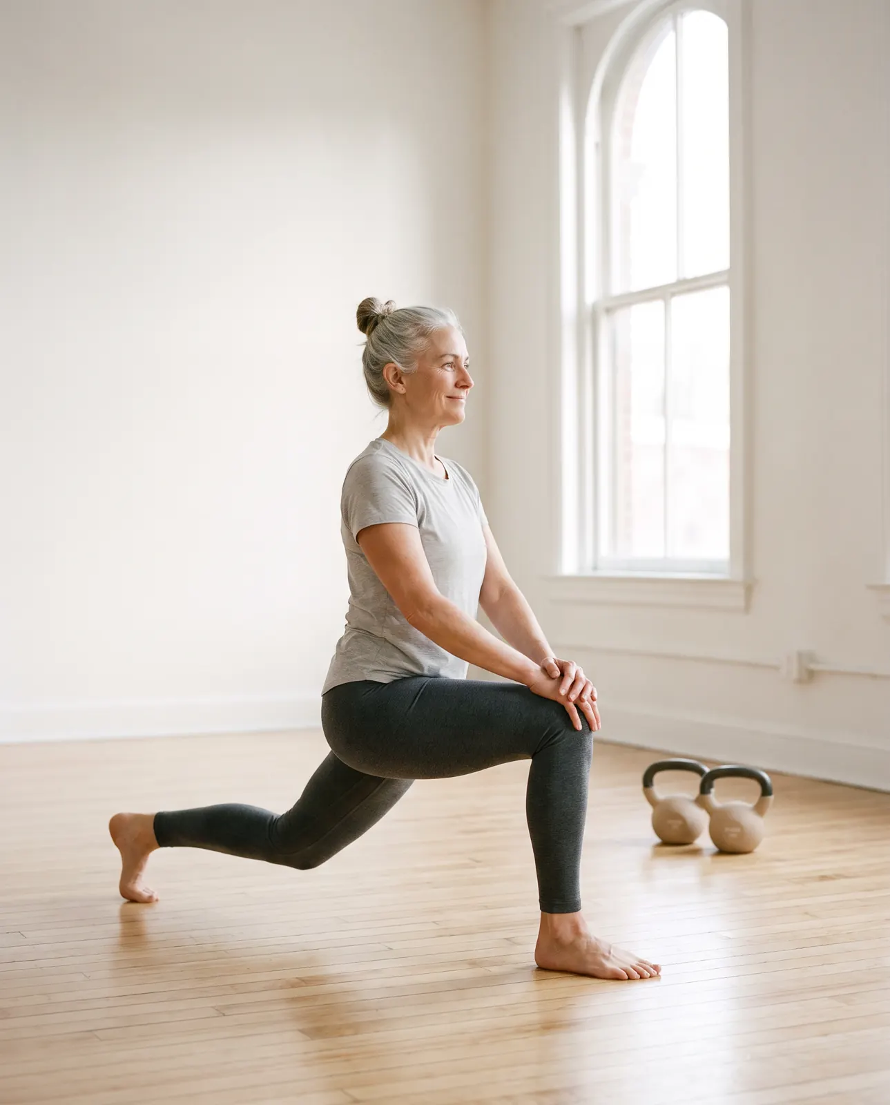 A person in their sixties holds a steady lunge in a bright studio, smiling.