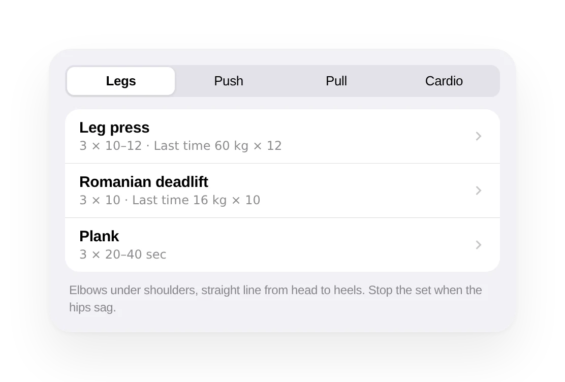 Tali Legs workout: leg press, Romanian deadlift and plank, each with sets, reps and last time's numbers, plus a form cue.